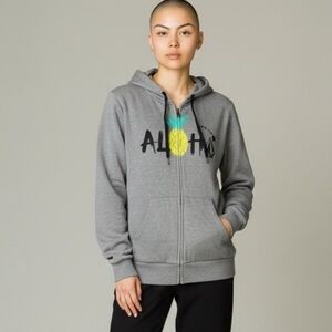 Volcom Zip-Up Hoodie Gray | Aloha Pineapple Graphic | Surf Skate | Size M